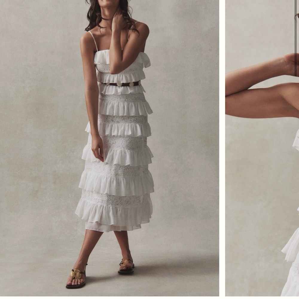 BHLDN White Strapless Tiered Ruffle Midi Dress